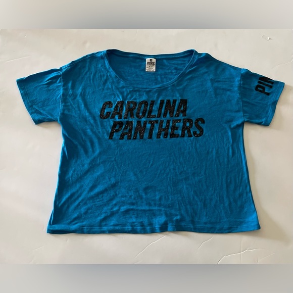 Carolina Panthers Pink Victoria’s Secret Blue Scoop Neck Cropped Blouse - Picture 1 of 3